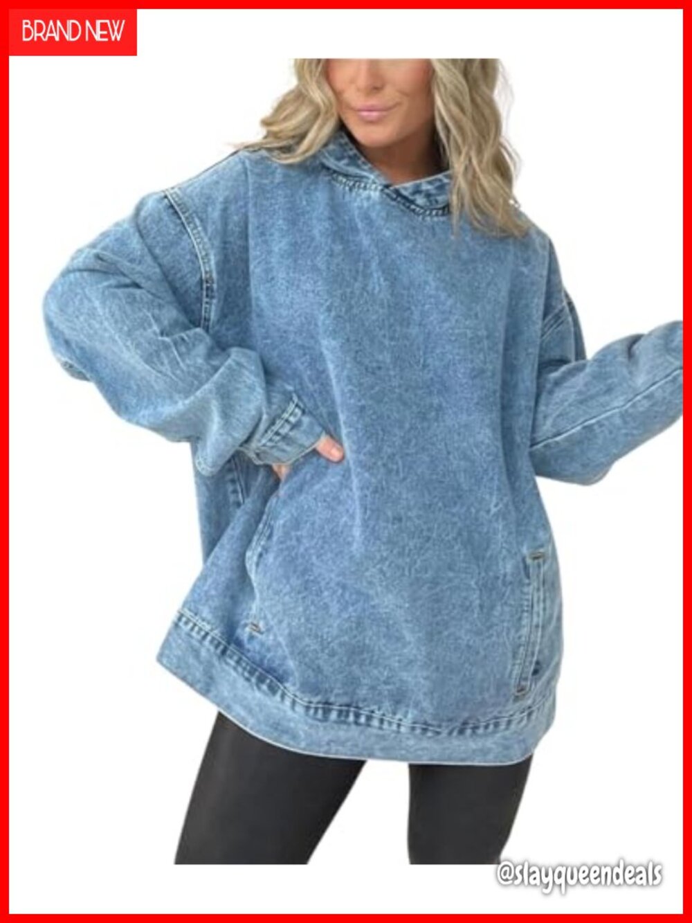 Women's Vintage Distressed Denim Pullover Hoodie Jacket Oversized
